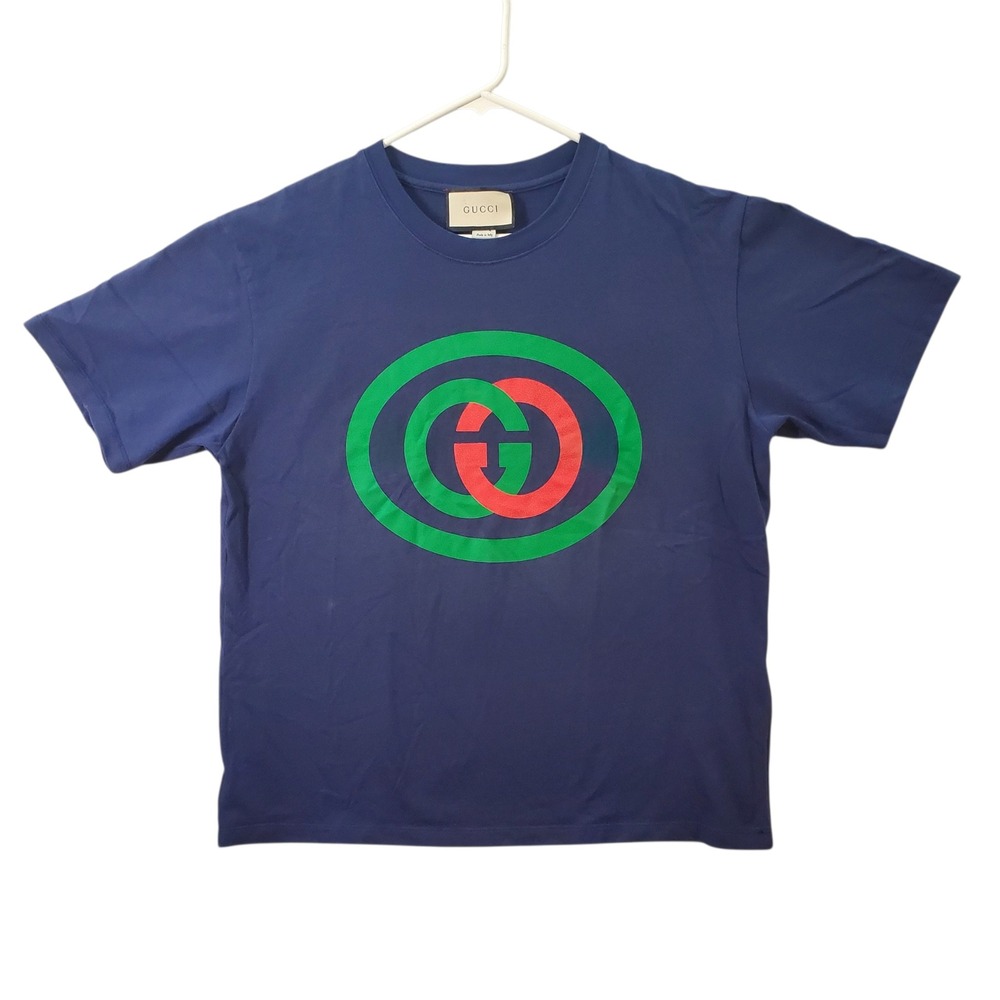 Gucci Mens Interlocking G Logo Graphic T-Shirt Blue Short Sleeve Size M Italy